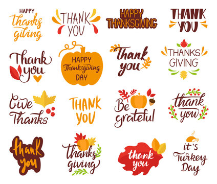 Thanksgiving day lettering. Thanks giving, thank you handwritten phrases. Gratitude phrase, pumpkins and leaves silhouettes, neoteric vector set