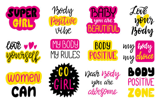 Body positive phrases. Female signs and lettering stickers. Motivational girl handwriting elements for cards, prints, posters, neoteric vector collection