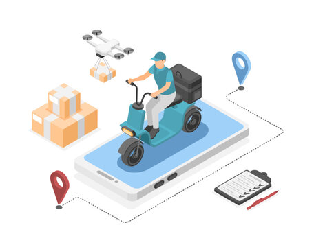 Isometric delivery service. Courier on scooter with parcels. Drone transports boxes, post worker and smartphone. Logistic flawless vector concept