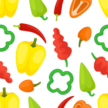 Bell peppers seamless pattern. Fresh red, yellow and green pepper. Paprika slices, raw vegetable preparation for cooking. Neoteric vector background