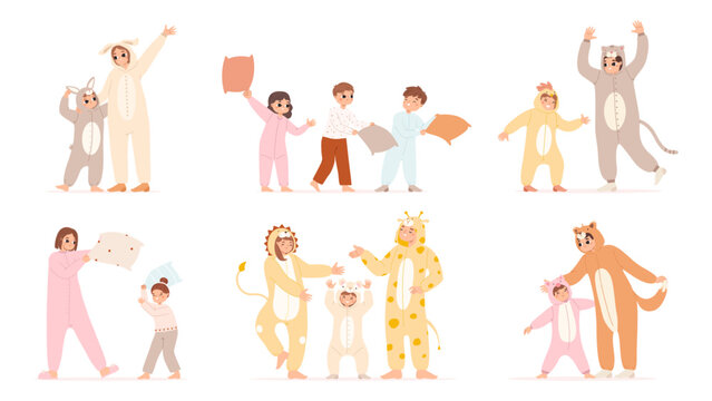 Happy people in pajamas play. Funny children and family, siblings wear animalistic costumes. Pillow fight, young adults in home cloth, snugly vector characters