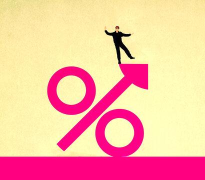 Illustration of man balancing on oversized percentage symbol against yellow background