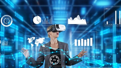 Woman reporter explaining dynamic market data calculated analysis pointing big data business by VR...