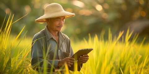 Male asian farmer with tablet while working at rice field.