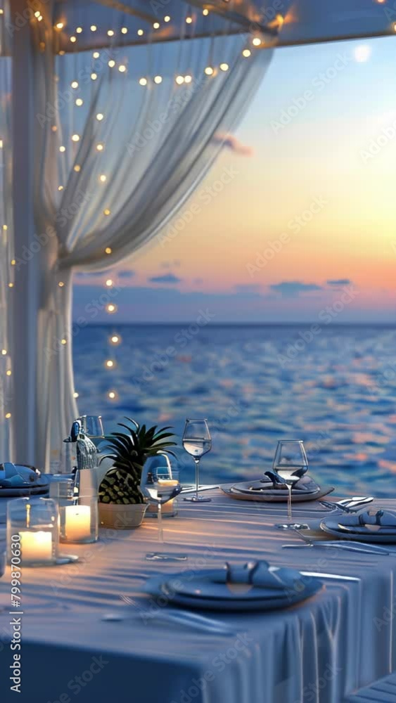 Poster a table with a beautiful view of the ocean and a pineapple centerpiece. the table is set with wine g