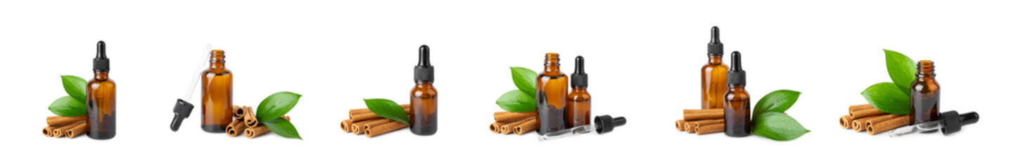 Cinnamon aromatic essential oil and cinnamon sticks isolated on white background. Aromatherapy. Organic cosmetic oil. Spa concept.