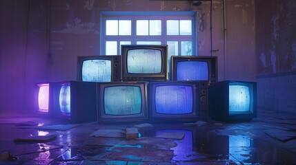 A stack of old televisions in a room creates a symmetrical fixture