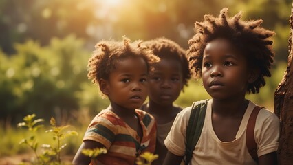 African kids in a forest, outdoor sunny nature background