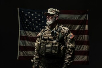 Senior US Army soldier in tactical gear with USA flag. Patriotism symbol.