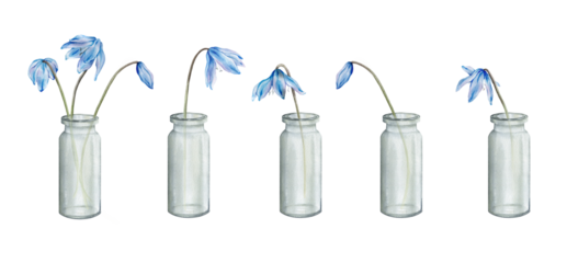 Set of the light blue first spring flowers in glass vase. Watercolor botanical illustration of delicate lilac flowers. Scillas hand drawn isolated on white background. little bouquet.