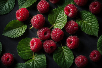 Raspberry background ai generated. Raspberry with leaves on black background top view. Generative...