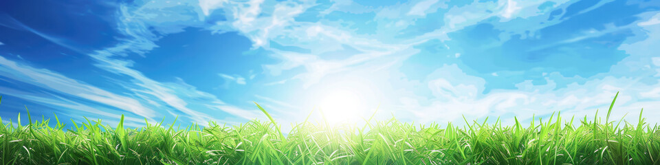 Fototapeta premium Realistic green grass and blue sunny sky landscape background 