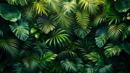 Tropical Flowers and Blue Monstera Leaves on a Dark Background