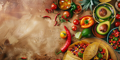 Cinco de mayo holiday background with Mexican traditional vegetables and food