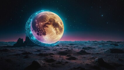 Fototapeta premium Realistic Acrylic Painting of an Intricately Detailed Holographic Moon Module