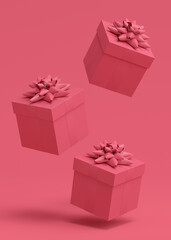 Gift boxes with ribbon and bow for Christmas flying and falling on monochrome