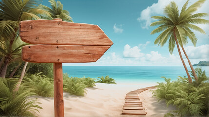 Path to tropical beach and sea with blank wooden sign pointing direction. Summer vacation, hello summer