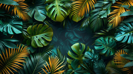 Tropical Flowers and Blue Monstera Leaves on a Dark Background