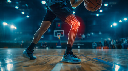 basketball player knee injury during play basketball competition match in stadium, with transparency highlight red bone injury effect, sport physical treatment and healthy concept