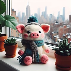 Adorable pig in crochet on windowsill surrounded by plants