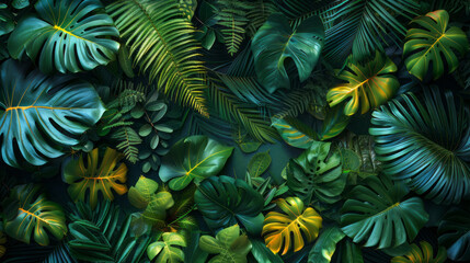 Fototapeta premium Tropical Flowers and Blue Monstera Leaves on a Dark Background