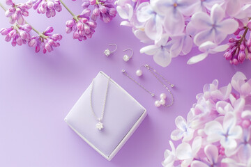 Elegance Defined: Silver Necklace Over Blooming Lilac Flowers