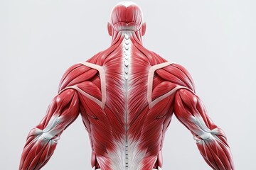 Detailed 3D rendering of back muscles highlighting muscular issues, in a clinical color palette - obrazy, fototapety, plakaty