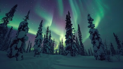 Beautiful Northern Lights with greens and purples in the winter sky over a snow-covered forest in Canada. Lights dance across the sky in the purest brushstrokes of nature.
