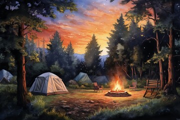 Watercolor portrayal of a campsite at dusk, with a tent lit from within and a campfire casting a warm glow on the surrounding trees