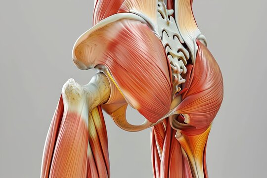 3D diagram of hip muscles illustrating bursitis, in a clinical color palette