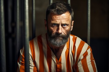 
Portrait of a male inmate in retro striped prison attire, aged 42, showcasing resilience and determination despite adversity