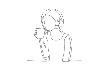Woman enjoying coffee in the morning. Coffee morning concept one-line drawing