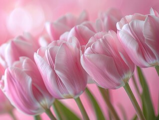 Fototapeta premium spring flower composition with delicate pink tulips against a pastel pink background.