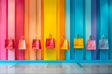Vibrant Shopping Bag Display - Retail Wonderland with Colorful,Alluring Merchandise Showcase
