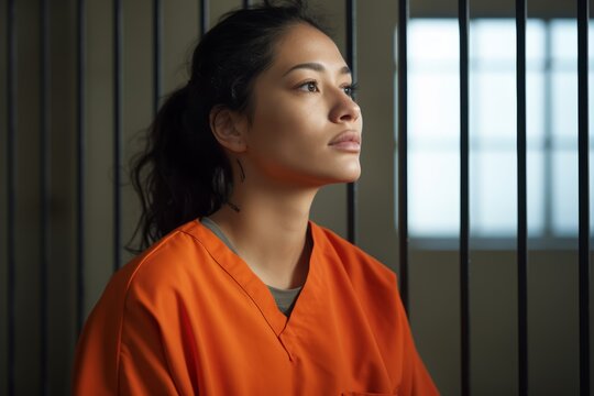 
Profile image of a Native American female inmate, aged 31, wearing a modern orange jumpsuit, reflecting on her cultural heritage and personal struggles - Powered by Adobe