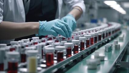A pharmacist wearing sanitary gloves inspects medical vials on a conveyor belt of a production line at a pharmaceutical plant.
