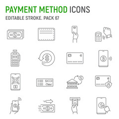 Payment method line icon set, electronic money collection, vector graphics, logo illustrations, contactless payment vector icons, online banking signs, outline pictograms, editable stroke