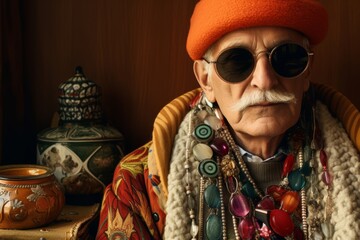 Photo focusing on the accessories worn by a young person embracing the eclectic grandpa aesthetic, including retro eyewear, layered necklaces, patterned scarves, and vintage-inspired hats, a