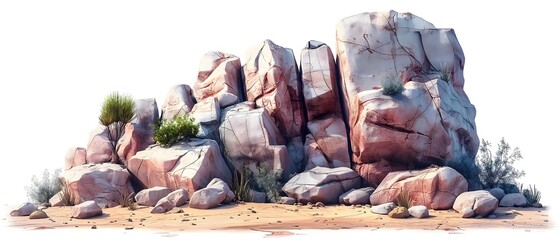Stone Blocks Of Rock On A White Background. Illustration On The Theme Of Landscapes And Territories, History And The Surrounding World. Generative AI