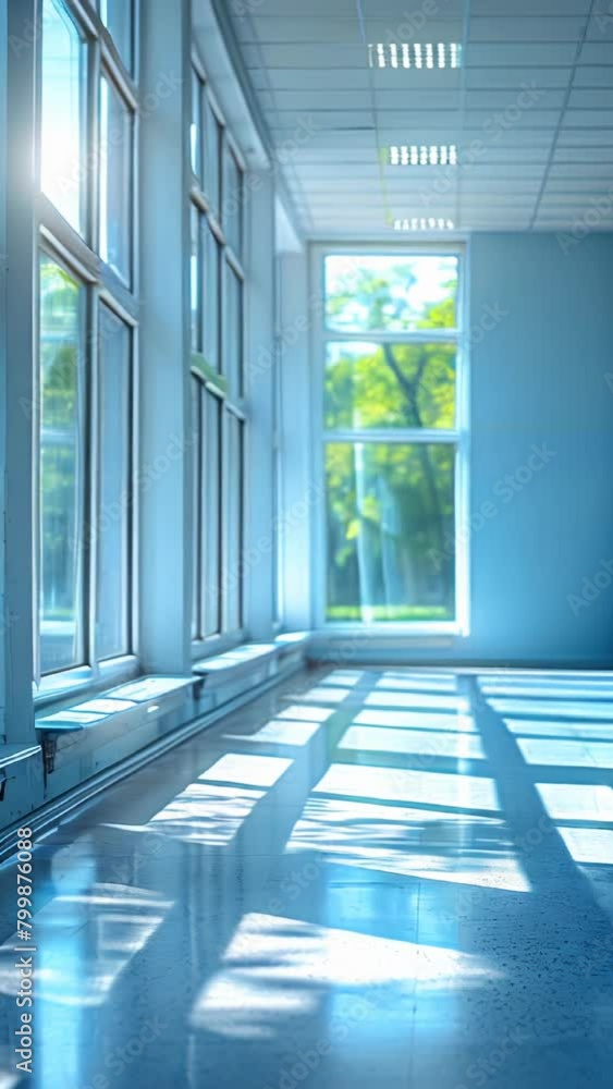 Poster a large, empty hallway with a lot of windows. the windows let in a lot of light, creating a bright a