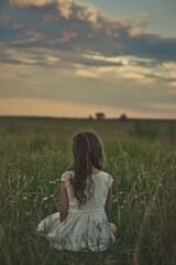 Step into a moment of solitude as a girl finds solace in an open field, the vast expanse of nature offering a sanctuary, Generative A