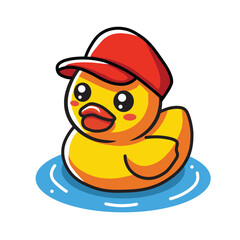 Illustration Vector Graphic Cartoon of a Rubber Duck Wearing a Red Hat, Symbol of Fun and Style