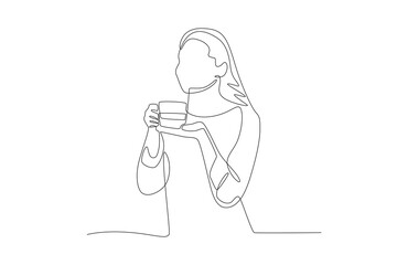 Woman inhaling the aroma of morning coffee. Coffee morning concept one-line drawing