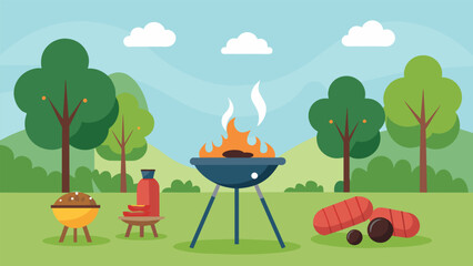 Fragrant BBQ smoke wafting through the park as grills sizzle with delicious meats and vegetable skewers.. Vector illustration