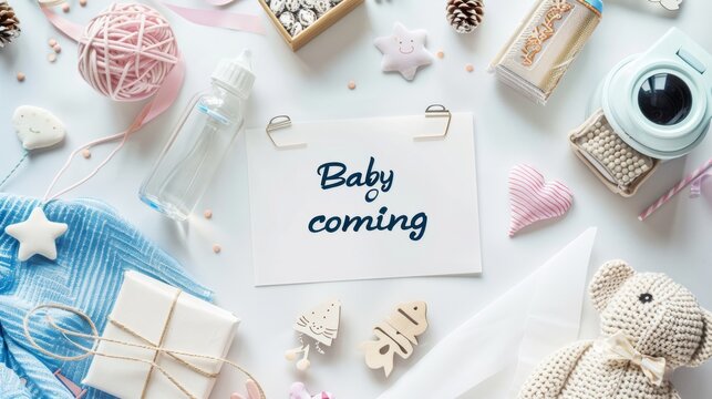 Pregnancy announcement, baby is coming concept, top view with baby toys and item in background