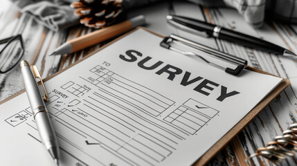 Paper Survey with Pen on Wooden Background