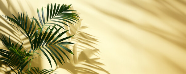 Tropical palm leaves on yellow background, summer concept banner with copy space