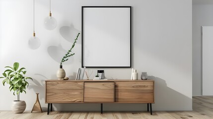 Mock up poster frame on cabinet in interior.3d rendering, Mockup frame on cabinet in living room interior, Scandinavian style,3d rendering  