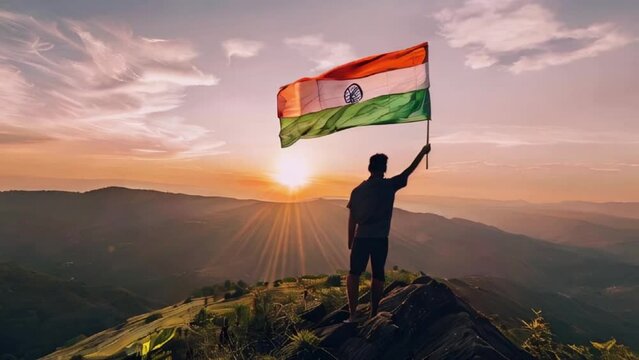 man holding waving Indian flag, sky background