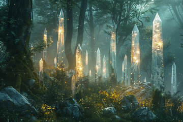 In a crystal forest, whispering winds carry ancient secrets. - obrazy, fototapety, plakaty